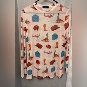Western sheet Long Sleeve Top – Cowboy Boots & Cactus Print – Women’s Medium